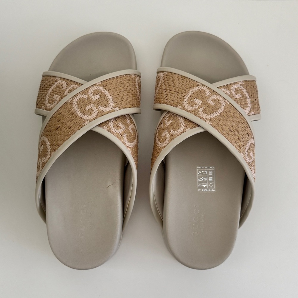 Gucci Rafia Chevron Beige and Pink Logo Women's Sandals Slides - Picture 2 of 9